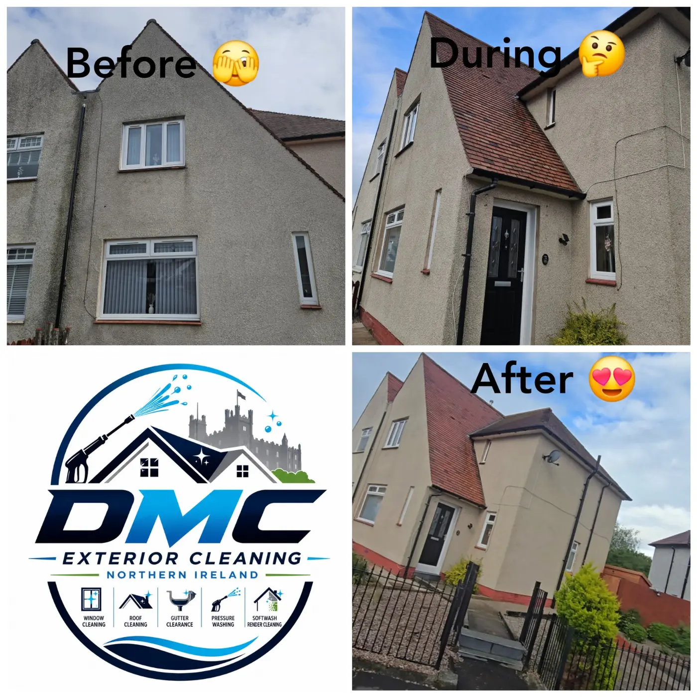 Before, during and after softwashing project completed by DMC
